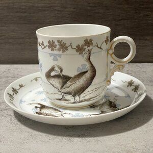 Antique Royal Worcester Wild Bird Motif Cup Saucer1888 Z Mark England Porcelain